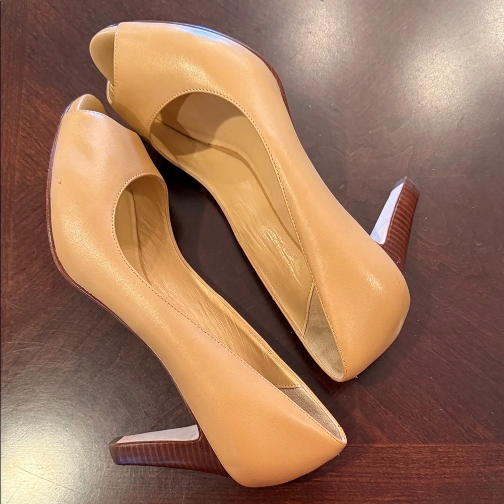 Cole Haan Peep Toe Pumps Nude Tan Leather High Heels Size 6.5B